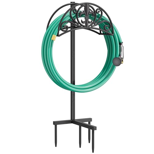 Y&M Garden Hose Holder Freestanding Hose Hanger, Heavy Duty Metal Hose Reel Stand Holds 150ft Hose, Yard Hose Holder Rack Outdoor with 4 Spikes, Water Hose Storage Holder for Outside Yard Lawn, Black