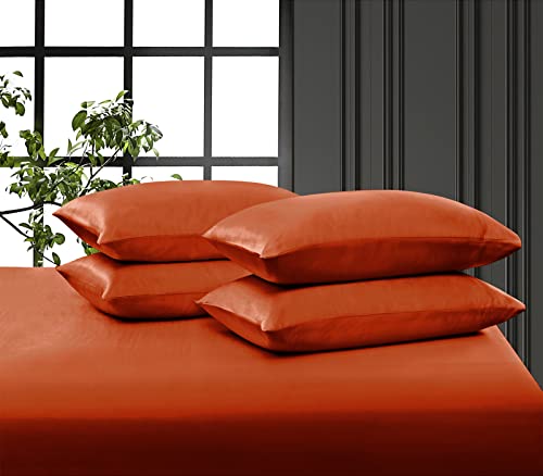 Drap-housse en satin et drap plat parure de lit orange brûlé - 8