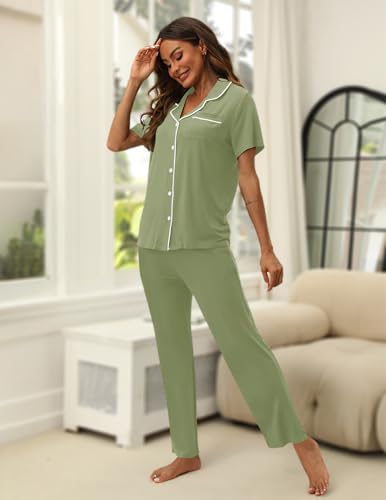 Image of HNG Women Pajamas Set 2 Piece Button Up Pajamas Pant and Short Sleeve Shirt for Woman Pj Sets with Pocket