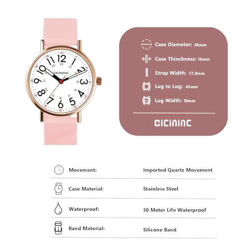Image of cicininc Watch with Second Hand for Nursing Women | Analog | Military Time | Silicone Band | Easy Read Dial | 12 /24H | for Nurses, nursing students, medical professionals