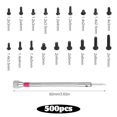 500 Stück Kleine Schrauben Sortiment Kit, M1.2 M1.4 M2 Schwarz Schraubenset,Brillen Schrauben, Edelstahl Mikro Flachkopfschrauben Mit Schraubendreher, Senkkopfschrauben, für Uhren, Brillen, Laptop