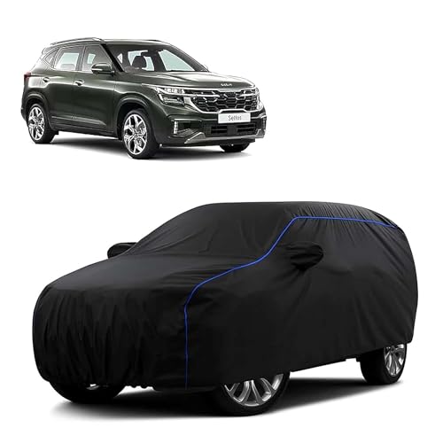 Image of Sulfar 100% Water Resistant Car Body Cover Compatible with Mirror for Kia Seltos (Triple Stitched, Full Bottom Elastic, Black Tafetta with Blue Piping)