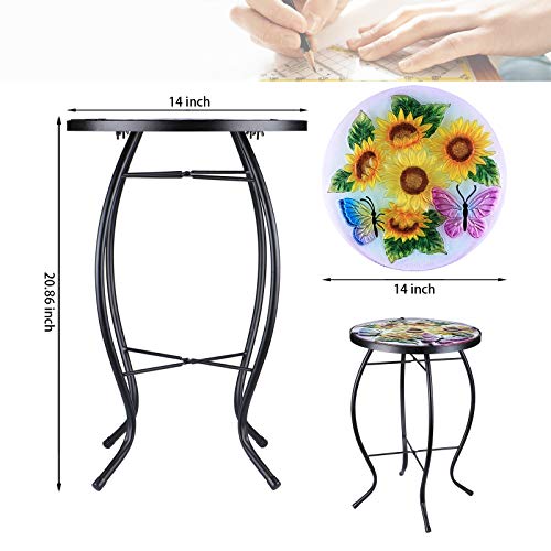 Mumtop Patio Side Table Outdoor End Table Plant Stand 14’’ Round Accent Table Mosaic Glass Metal Side Table Sunflower Garden, Balcony Indoor Coffee Table… #TOP1