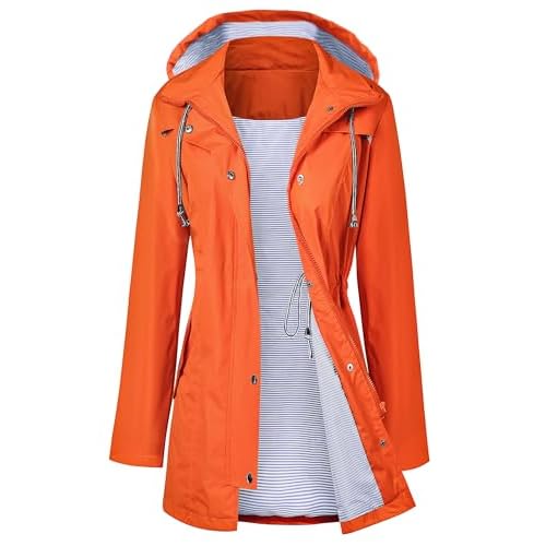 LOMON Raincoat Women Waterproof Long Hooded Trench Coats Lined Windbreaker Travel Jacket S-XXL Medium Orange
