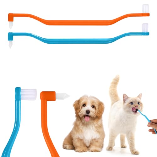 lasuroa 2 Cepillos de Dientes para Gatos, Doble Cara Cepillo de Limpieza de Dientes de Gato con Cabezal de Microcepillo y Mango Curvo Limpieza Profunda para Cuidado Dental Gato (Azul Naranja)