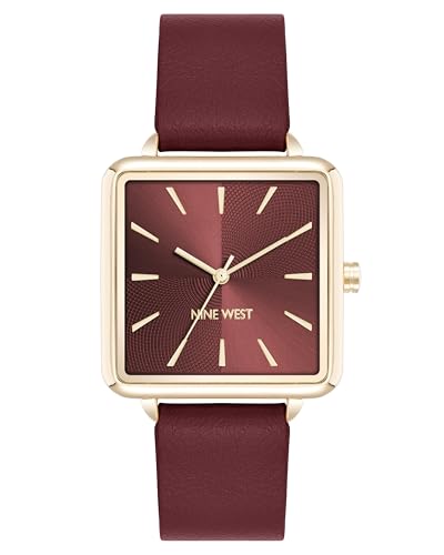 Nine West Women's Analog Watch, Burgundy Faux Leather Strap, Limited Movement, Mineral Crystal Lens, Gold-Tone Markers