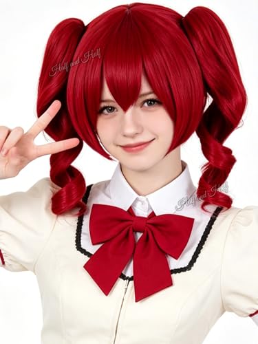 Image of Half and Half Short Curly Deep Red Anime Ponytail Wig with Bangs for Women Dark Red Twin Tails Virtual Singer Lolita Wigs Game Clown Wig for Halloween Party Costumes Daily