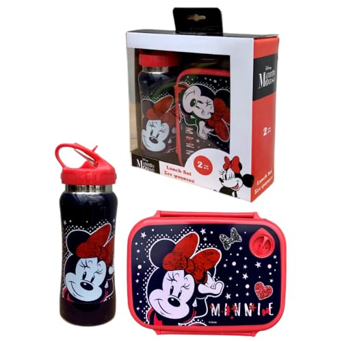 CARTOON Disney Minnie Maus 2-teiliges Brotdosen-Set für Mädchen, Aluminium, Trinkflasche & Brotdose mit klappbarem Ausgießer, 800 ml, 500 ml