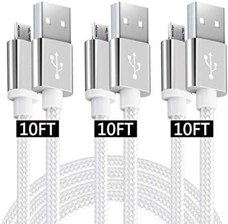 Micro USB Android Phone Charger Cable 10Ft Fast Charging Cord 3 Pack Compatible With Samsung Galaxy S7 S6 Edge J7 J6 Note 5 LG Stylo 3 G3 G4 K20 K30 Plus Moto G5 Plus G5S G5S/E5 Plus G6 Play