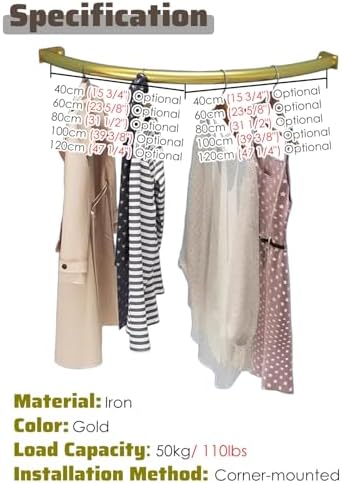 C-Shaped Corner Closet Rod, Curved Clothes Hanging Bar for Retail & Boutique, Bathroom & Drying Rack - Black, 40x40cm (15.8x15.8)