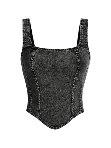 Floerns Women's Sleeveless Denim Tank Top Asymmetrical Hem Square Neck Jean Vest