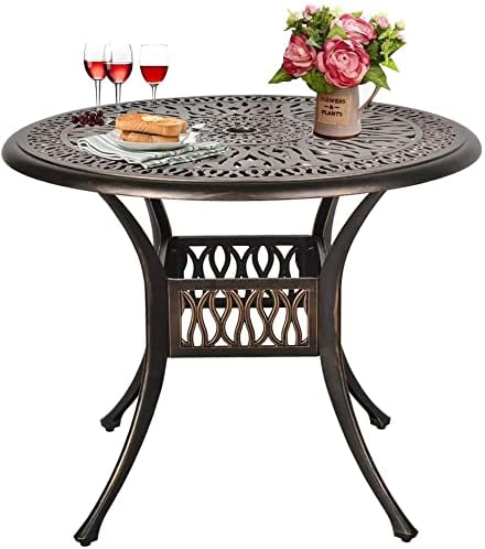 LEISU Mesa de comedor redonda de aluminio fundido de 35.4 pulgadas con agujero para sombrilla resistente a la intemperie (mesa redonda de 35.4