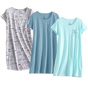 PNAEONG 3 Pack Women’s Cotton Nightgown Sleepwear Short Sleeves Shirt Casual Print Sleepdress