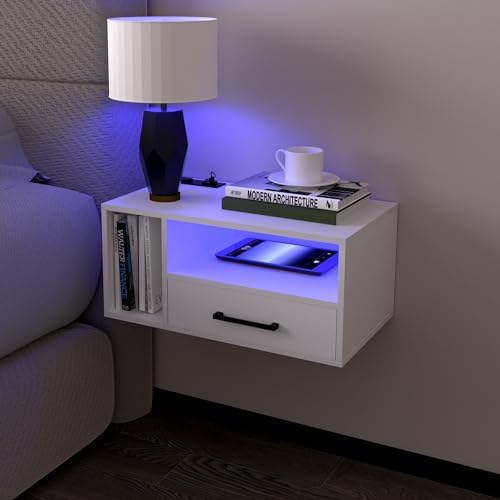 Homaterial Floating Nightstand with Charging Station and LED Lights
