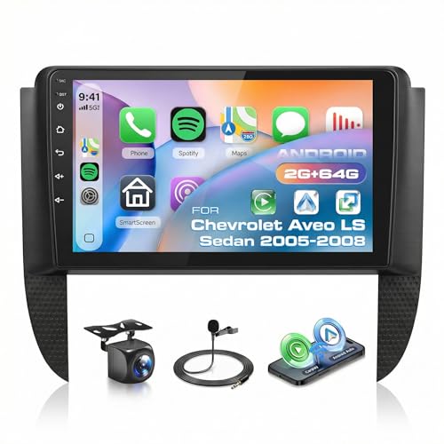 4Core+64G ROM Android 15 Car Stereo Radio for Chevrolet Aveo LS Sedan 2005-2008 Wireless Carplay Android Auto, 9'' Touchscreen Head Unit with GPS Navigation BT-5.0 5G-WiFi FM/RDS EQ Backup Camera SWC