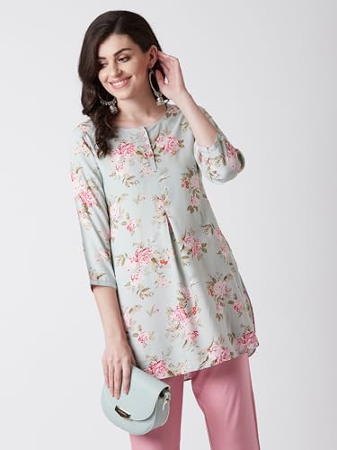 Image of Tissu Women's Sage Green & Pink Floral Printed Kurti