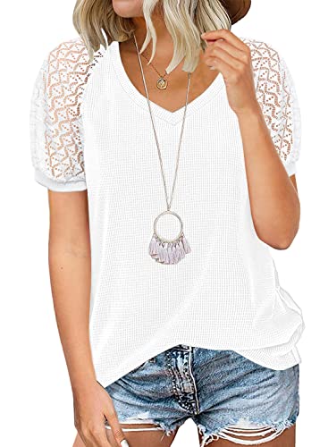 MIHOLL Women's Lace Short Sleeve V Neck Shirts Loose Casual Tops Tee Shirt