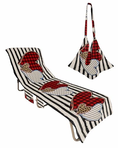 Red Love Heart Valentine's Day Beach Lounge Chair Towel Cover, Soft Chaise Lounge Towel with Side Pockets Patio Pool Chairs Cover for Beach/Pool Sunbathing 29x85 Rustic Black Striped