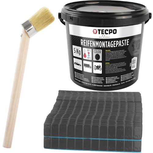 TECPO Set di montaggio per pneumatici, con pasta di montaggio per pneumatici, 5 kg, peso adesivo bilanciato, nero, 600 x 5 g e pennello di montaggio