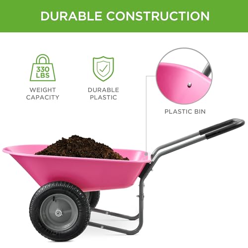 Image of Best Choice Products Dual-Wheel Home Utility Yard Wheelbarrow Garden Cart w /Built-in Stand for Lawn, Gardening, Construction - Pink