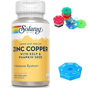 Zinc Copper Amino Acid Chelate Made for Solaray – Immune Support Supplement Chelated Zinc 50mg with Iodine from Kelp, 60-Day Guarantee, 100 Serv, 100 VegCaps + Bonus Pill Organizer, Pill Case 7 Days