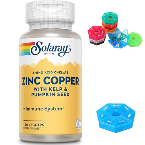 Zinc Copper Amino Acid Chelate Made for Solaray – Immune Support Supplement Chelated Zinc 50mg with Iodine from Kelp, 60-Day Guarantee, 100 Serv, 100 VegCaps + Bonus Pill Organizer, Pill Case 7 Days