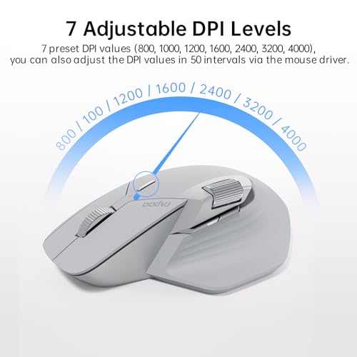 Rapoo MT760 Multi-Device Wireless Mouse, Bluetooth 5.0 and 2.4G Multi-Mode Connection, Up to 4 Devices, 11 Programmable Buttons, 4K DPI, 90 Days Battery Life, PC, Light Grey - Image 4