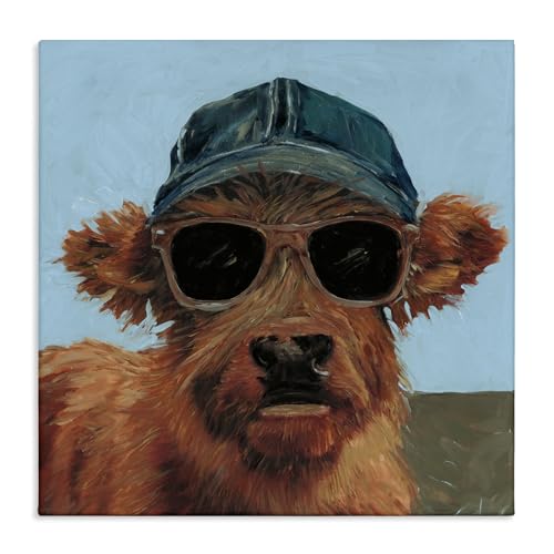 Cow in Baseball Cap Farmhouse, 36 x 36 Inch Canvas Wall Art