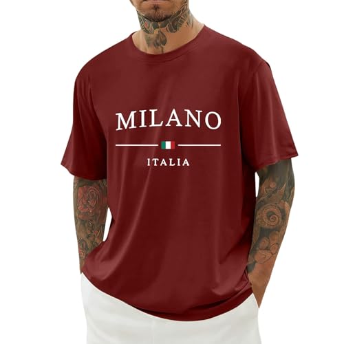 Image of Casual T Shirts for Men UK,Italian Graphic Letter Print Casual Short Sleeve T Shirt for Comfortable Crew Neck Tee Breathable Daily Brick Red