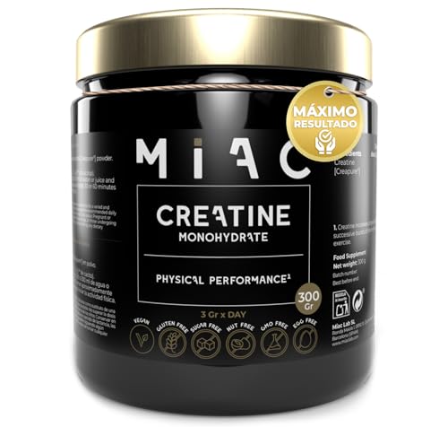 MIAC Creatina. Creatina Creapure® en Polvo Monohidratada. 300 gr. Aumento Masa Muscular. Recuperación y Potencia Muscular. Sin Sabor. Vegano/Sin Gluten