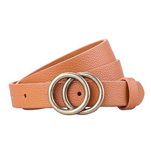 Earnda Women's Skinny Belt Fashion Round Buckle Leather Belts for Women Pants Dress 5/6" Wide Khaki L