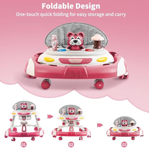 Baby Walkers, 5-in-1 Multifunctional, Height Adjustable, Foldable, Activity Center with Wheels &Music &Toys Tray, Infant Toddler Walker for Boys and Girls 6-24 Months(Pink)
