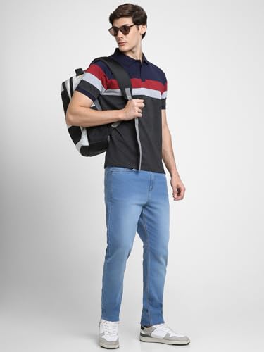 Image of Dennis Lingo Men's Cotton Stripes Regular Fit Mandarin Collar Short Sleeve Polo Tshirt
