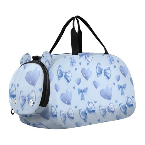 Travel Duffle Bag for Kids Boys Girls Blue Bows Hearts Pattern Sports Bag Overnighter Duffle Sleepover Bag with Shoes Compartment