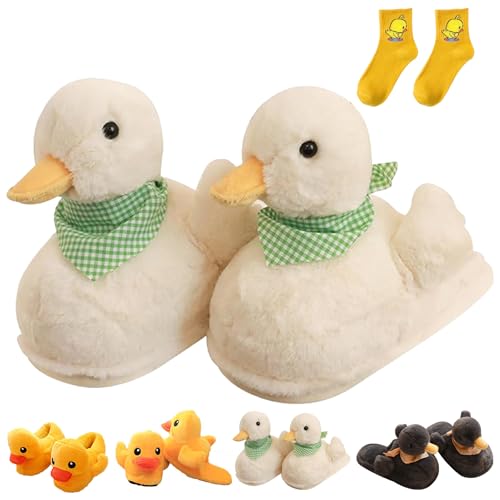 Duck Slippers, Duck Plush Slippers, Yellow Duck Slippers, Novelty Cozy Fuzzy Slippers, Soft Comfortable House Shoes, Cute Animal Slippers for Women Men (8.5-10 Women/7.5-9 Men, White)
