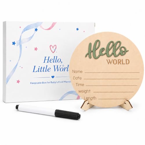 Image of Hello World Baby Announcement Sign Newborn Welcome Plaque Box Set