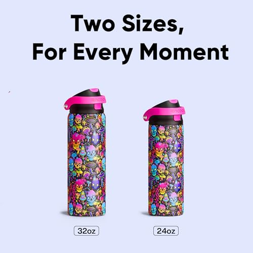 Image of Encool SwiftSip Insulated Stainless Steel Water Bottle with Straw - Leak Proof Sports Water Bottle for School, Travel, Keeps Cold All Day, One-Touch Flip Lid, BPA-Free, 32 oz, Trippy Skulls