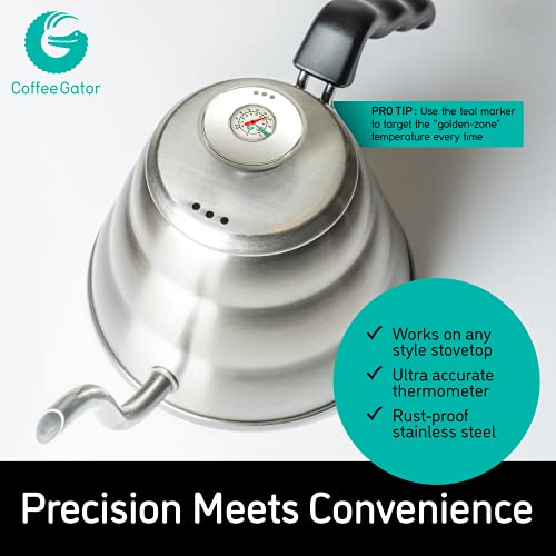 image for Coffee Gator Gooseneck Kettle with Thermometer - 40oz Premium Stainles