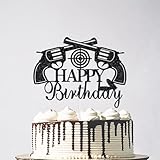 Glitter Gun Happy Birthday Cake Topper, Bullet Target Cake Decoration, Pistol Shooting Theme Birthday Party Supplies Black