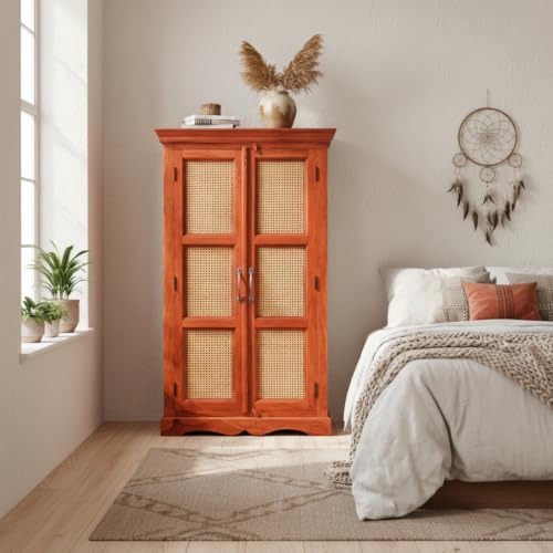 Image of APRODZ Mojo Sheesham Wood Two Door Cane Wardrobe (Sheesham Wood - Honey)