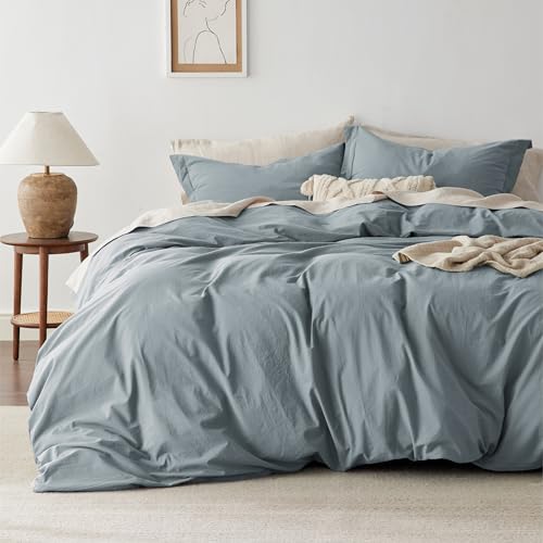 Bedsure 100% Washed Cotton Duvet Cover Queen Size - Dusty Blue Minimalist Cotton Bedding Linen Like for All Seasons - GentleSoft™ Plain Simple Duvet Cover, 3 Pieces (Dusty Blue, Queen, 90"x90")