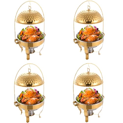 Chafing Dishes for Buffet Set of 4, 8.5Qt /8L Stainless Steel Round Buffet Chafer, Gold Hanging Lid Dining Stove, Buffet Server and Warmer Set, Countertop Warming Tray for Parties, Dishwasher Safe