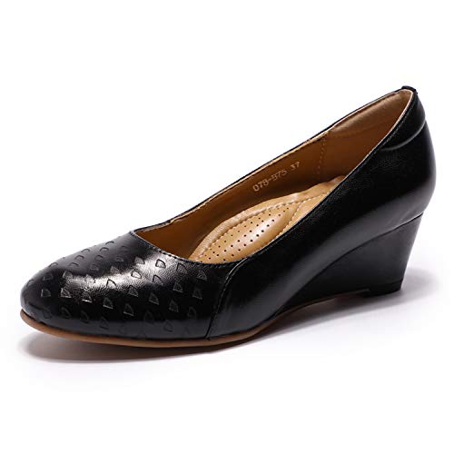 Image of Mona flying Women's Leather Closed Toe Mid Heel Wedges Comfy Dress Pumps