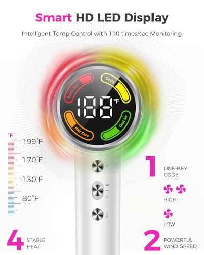 Image of High-Speed Hair Dryer with Diffuser, Ionic Blow Dryer, White | 160000 RPM for Fast Drying, Upgraded 3-Layer Motor Protection, Salon Hairdryer for Curly Straight Hair, LED Temp Display