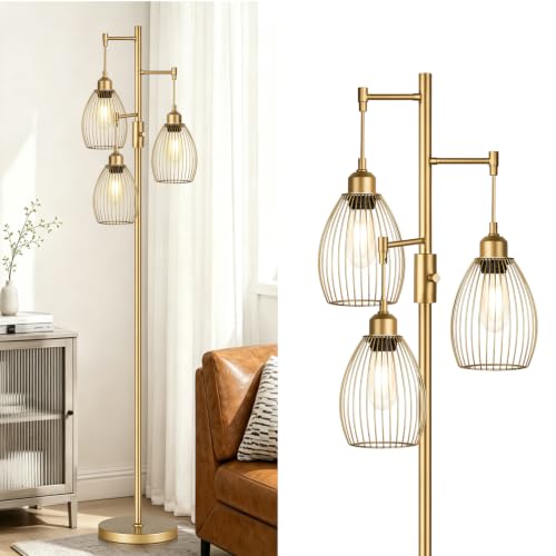 Image of Dimmable Floor Lamp, Industrial Floor Lamps for Living Room, Gold Tree Lamp Standing Lamp Tall Lamps with 3 Elegant Teardrop Cage Head & 800 Lumens LED Bulbs for Living room Bedroom Office Dining Room