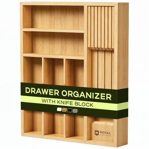 Drawer Organizer with Knife Block for Kitchen Organization, Bamboo Silverware Drawer Organizer, Compact Bamboo Cutlery Tray for Flatware and Utensils, Removable 7-Slot Knife Block for Kitchen Drawers