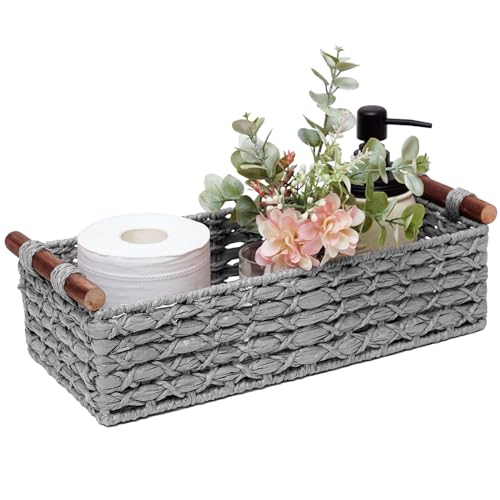 Small Storage Basket Wicker Baskets for Organizing with Handle Decorative Storage Bin for Countertop Toilet Paper Basket for Toilet Tank Top Small Baskets,Light Grey