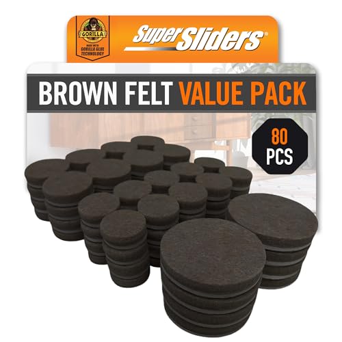 Super Sliders Gorilla Glue Assorted Felt Furniture Sliders for Hard Surfaces, Noise-Reducing Adhesive Furniture Moving Pads with Gorilla Glue Technology (80, Brown)