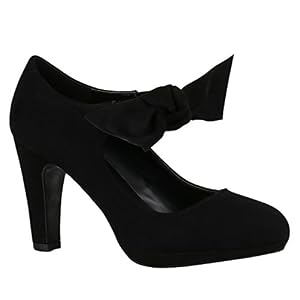 stiefelparadies Damen Schuhe Pumps Mary Janes Veloursleder-Optik High Heels Blockabsatz 156235 Schwarz Schleifen 40 Flandell