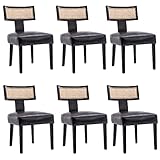 Rattan Farmhouse Dining Chair Set of 6, Faux Leather Upholstered Cane Dining Chair with Curved Backr